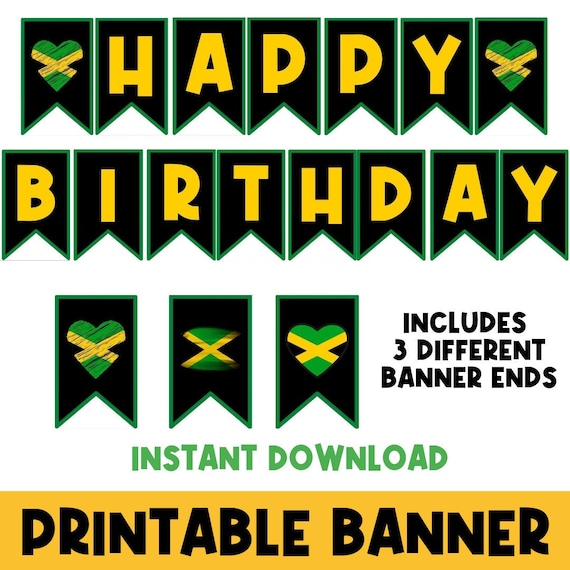 PRINTABLE Birthday Banner | Jamaica | Happy Birthday | Party Decor | Jamaican | Green Black Yellow | Caribbean | Rasta | Island | Party