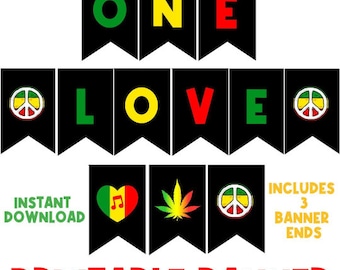 One Love Banner | Jamaican Banner | Jamaica | Flag Banner | Printable Banner | Reggae Music | Pan African |  Birthday Decor | Rasta