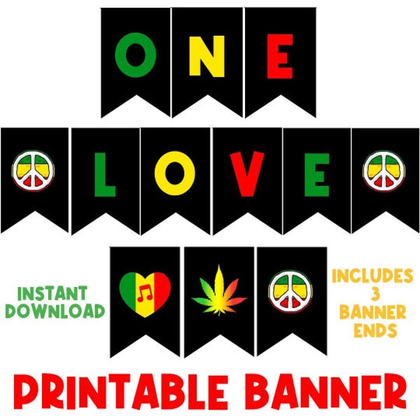 One Love Banner | Jamaican Banner | Jamaica | Flag Banner | Printable Banner | Reggae Music | Pan African |  Birthday Decor | Rasta