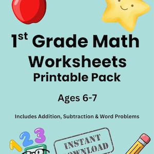 Hojas de trabajo de matemáticas para 1.er grado (imprimibles) / Suma, resta, problemas verbales / Paquete de matemáticas para educación en casa (6-7 años)