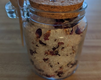 Himalayan Bath Salt Tea Rose Petals With Spoon and Glass Jar