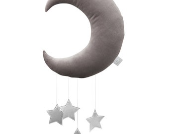 Mondmobile grau mit silbernen Sternen | Mobil | Kinder-Mobile-Dekoration | handgemachte Deko | Dekoration aufhängen