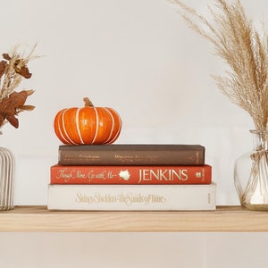 May include: A decorative shelf arrangement featuring an orange pumpkin with white stripes atop a stack of books. The books have titles like "Though Nine Go with Me" and "Sidney Sheldon - The Sands of Time". Two glass vases with dried plants complete the fall-themed display.