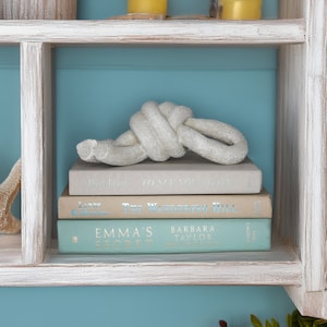 May include: A white textured knot sculpture resting on a stack of three books. The books include titles such as The Wandering Hill and Emma's Secret. The stack is placed inside a white distressed wooden shelf unit with a teal blue back panel.