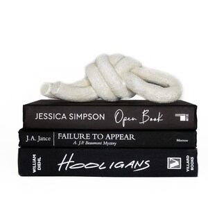 May include: A white ceramic knot sculpture sits on top of a stack of three black hardcover books. The top book has the title "Open Book" by Jessica Simpson. The middle book has the title "Failure to Appear" by J.A. Jance. The bottom book has the title "Hooligans" by William Diehl.