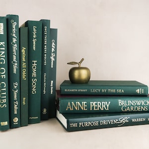 May include: A stack of green hardcover books with gold lettering on the spines. The books are arranged in a staggered formation. The top book is titled "Lucy by the Sea" by Elizabeth Strout. The second book is titled "Anne Perry" and the third book is titled "The Purpose Driven Life" by Warren.