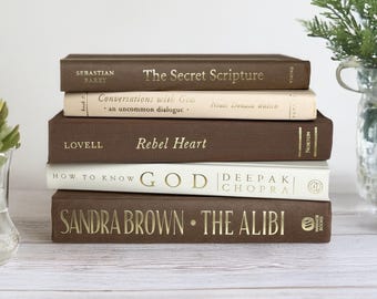 Bookshelf Book Stacks Brown Cream Ivory Home Decor Book Bundles Office Shelf Staging Books Earth Tones Neutral Coffee Table Books Coffee