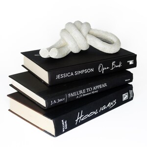 May include: A stack of three black hardcover books with white text titles. The top book is titled "Open Book" by Jessica Simpson. The middle book is titled "Failure to Appear" by J.A. Jance. The bottom book is titled "Hooligans" by William Diehl. A white ceramic knot sits on top of the books.
