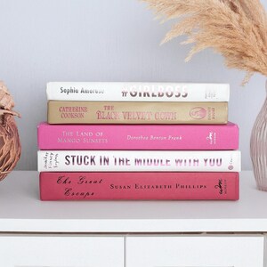 Pink Taupe White Magenta Fuchsia Blush Pink Decorative Book Stacks Spring Girl Romance Home Decor Real Estate Staging Books Wall Shelf Decor