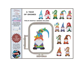 A YEAR of GNOMES, Singles, 5x5 hoop, Holiday, Monthly, Machine Embroidery, Cross Stitch, 8 size/densities, Digitized, Lickity Stitch Designs