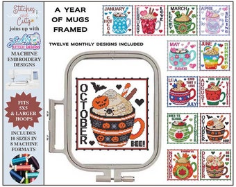 A Year Of Mugs, Framed, 5x5 hoop, Holiday, Coffee, Machine Embroidery, Cross Stitch, 8 sizes/densities, Digitized, Lickity Stitch Designs