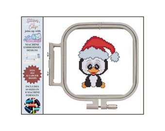 Santa Hat Penguin, Christmas, Ornament, Machine Embroidery, Cross Stitch, 4x4 hoop, Digitized, Lickity Stitch Designs, 8 sizes / densities