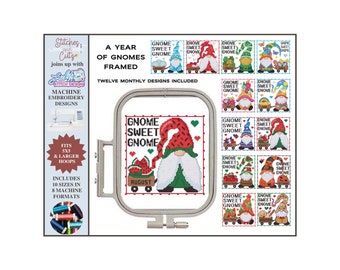 A YEAR Of GNOMES, Framed, 5x5 hoop, Holiday, Wagon, Machine Embroidery, Cross Stitch, 8 sizes/densities, Digitized, Lickity Stitch Designs