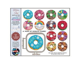 A YEAR Of DONUTS, 4x4 hoop, Food, Monthly, Holiday, Machine Embroidery, Cross Stitch, 8 sizes/densities, Digitized, Lickity Stitch Designs