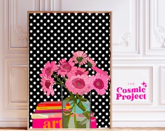 Pink Gerber Daisy Flowers Polka Dot Art Print – Bold Floral Illustration (Digital Download)