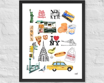New York City Icons Collage Art Print | Manhattan Landmarks, Food Illustrations (Framed)