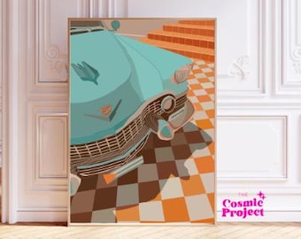 Retro Turquoise Classic Car Illustration | Mid-Century Americana Wall Art (Instant Download)
