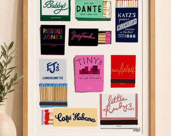 Custom Digitally Hand-Drawn Matchbook Wall Art | One-of-a-Kind Matchbook Collage Poster |  Colorful Matchbook Personalized Illustration