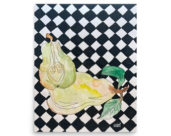 Watercolor Pear Art Print | Black White Checkerboard | Eclectic Still Life Wall Decor