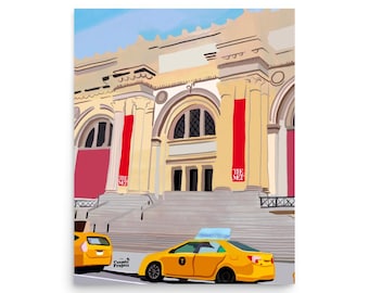 Metropolitan Museum NYC Art Print – Yellow Taxis, Beaux-Arts Façade (Digital Illustration)
