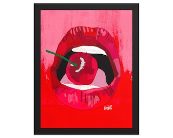 Cherry pink and red vibrant pop lips Framed poster/ Modern Design Print