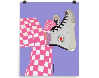 Pink Checkered Fashion and White Trendy Sneaker Digital Artwork/ Pink Checkered Poster Graphic Poster/ Pink Trendy Fashion Poster Design