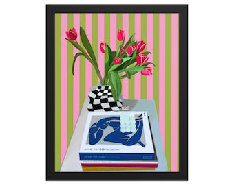 Tulips Graphic Framed Art, Pink and Green Stripes, Modern Floral Print