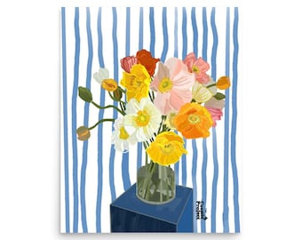 Poppy Bouquet Print | Blue Stripe Floral Wall Art | Spring Botanical Illustration