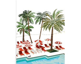 Miami Beach Pool Poster | Tropical Resort Illustration, Palm Trees, Striped Chairs