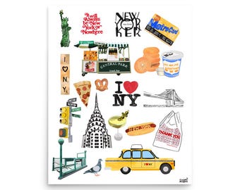 New York City Collage Art Print | Manhattan Landmarks, Food, Icons Wall Art