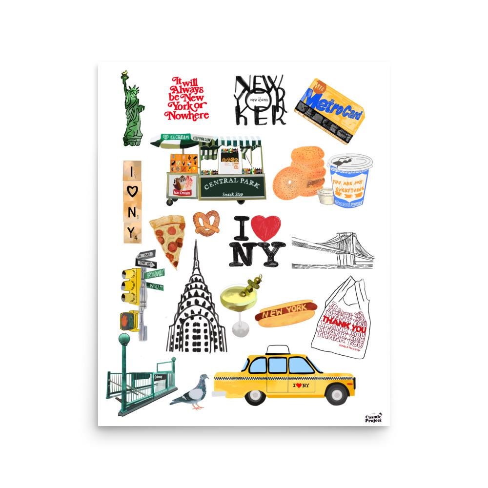 New York City Collage Art Print Manhattan Landmarks, Food, Icons Wall Art