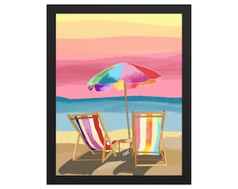 Rainbow Sunset Beach Scene Painted Framed Art/ Vibrant Pop Art /modern design