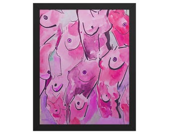 Pink Boob Nipple Watercolor Artwork Framed poster/ Female Body Art/ Woman Silhouette Painting/ Curvy Body