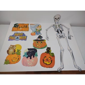 Vintage 1980s Lot 8 Halloween Die Cut Skeleton Pumpkin Cat Owl Witch READ