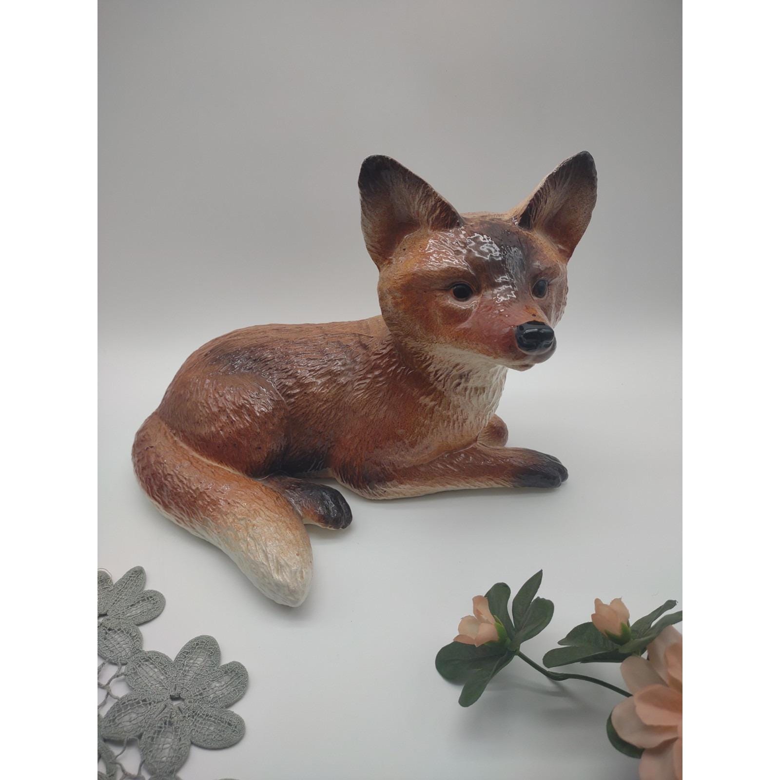 Vintage 1990s Large Ceramic Red Fox Figurine 11.25" Long 8.25" Tall, Farmhouse