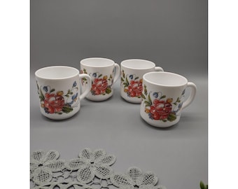 Vintage Set of 4 Arcopal France White Milk Glass Coffee Mugs Cups French Florals