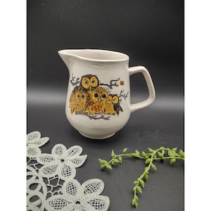 Vintage Owl Family Perched on Limb Ceramic Pitcher Creamer Vase, Japan, READ