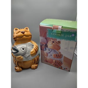 10&quot; Orange Tabby Smiling Cat Holding Fish Ceramic Cookie Jar & Box, CKAO China