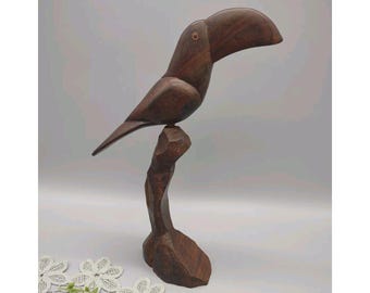 Vintage 12&quot; Toucan Carved Wood Folk Art Sculpture, Two Pieces, MCM Bird Parrot
