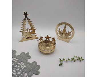 Lote vintage de 3 portavelas votivas navideñas de latón, corona de estrella de árbol
