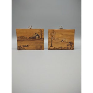 Vintage 6" Cedar Wood Paintings Artist Signed, Barn Pond Lake Boat, Missouri