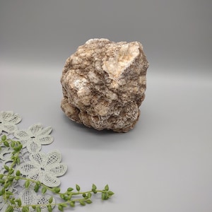 May include: A large, rough, brown and white geode with a natural, irregular shape. The geode is sitting on a white surface with a lace doily and green plant sprigs.