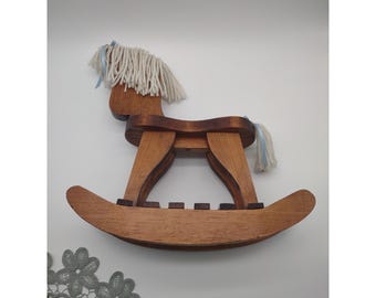 Vintage Rustic Wood & Yarn Rocking Horse 13" Tall, Doll or Nursery Decor