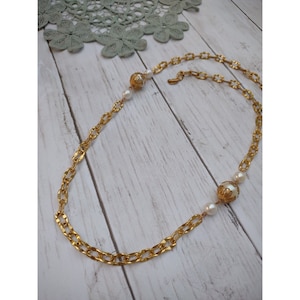 Vintage Miriam Haskell Signed 30&quot; Long Faux Pearl Chain Link Gold Tone Necklace