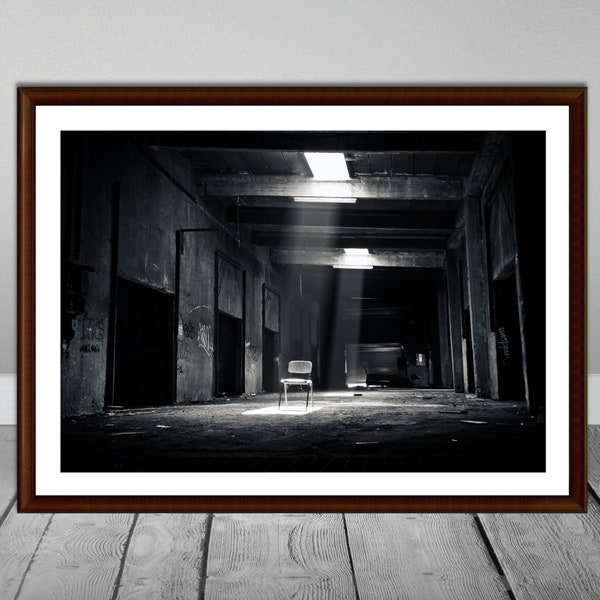 Abandoned Places Photography, Chair, Vacant, Black and White Photograph, Digital Download, Digital Art Print, Urban Decay, Industrial Photo