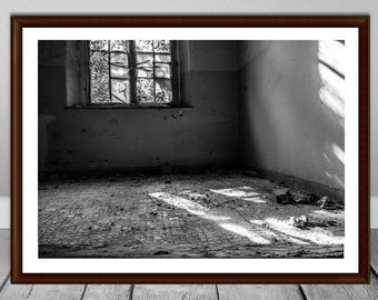 Fotografía abandonada, Fotografía de ventanas, Lugares abandonados, Almacén, Fotografía en blanco y negro, Impresión fotográfica abandonada, Foto industrial