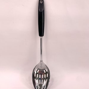 Vintage Ekco Slotted Serving Spoon Chrome Plated Black Plastic Handle Kitchen Ware