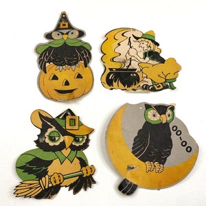 Halloween Cardboard Diecut Die Cut Witch Owls Set of 4 Vintage 1940&#39;s Art Deco