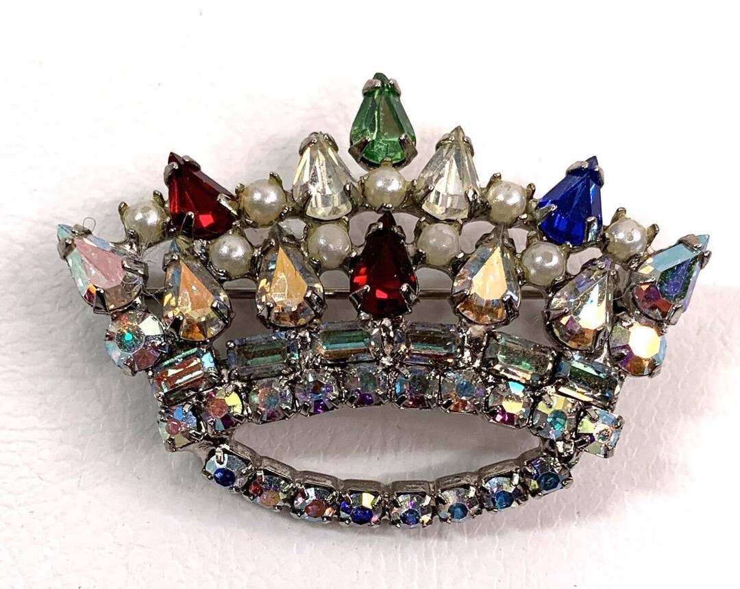 Vintage Royal Crown Tiara Brooch Rhinestone Faux Pearl Grannycore ...