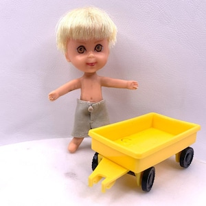 Vtg Liddle Kiddles Biff Boodle Doll 3.5&quot; Mattel 1966 Blonde Hair w/ Yellow Wagon